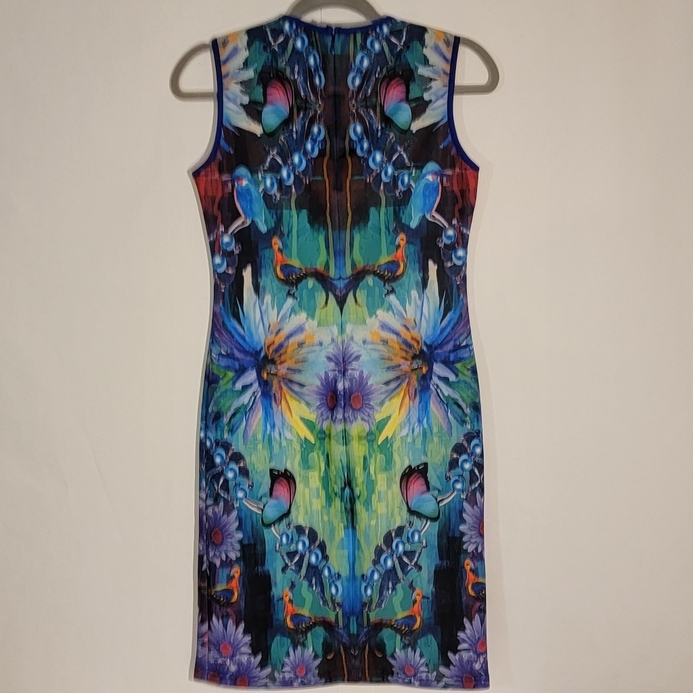 Mackenzie Mode Dress Small Psychedelic Butterfly Floral Bodycon Sheath Glam Rock - Picture 2 of 10